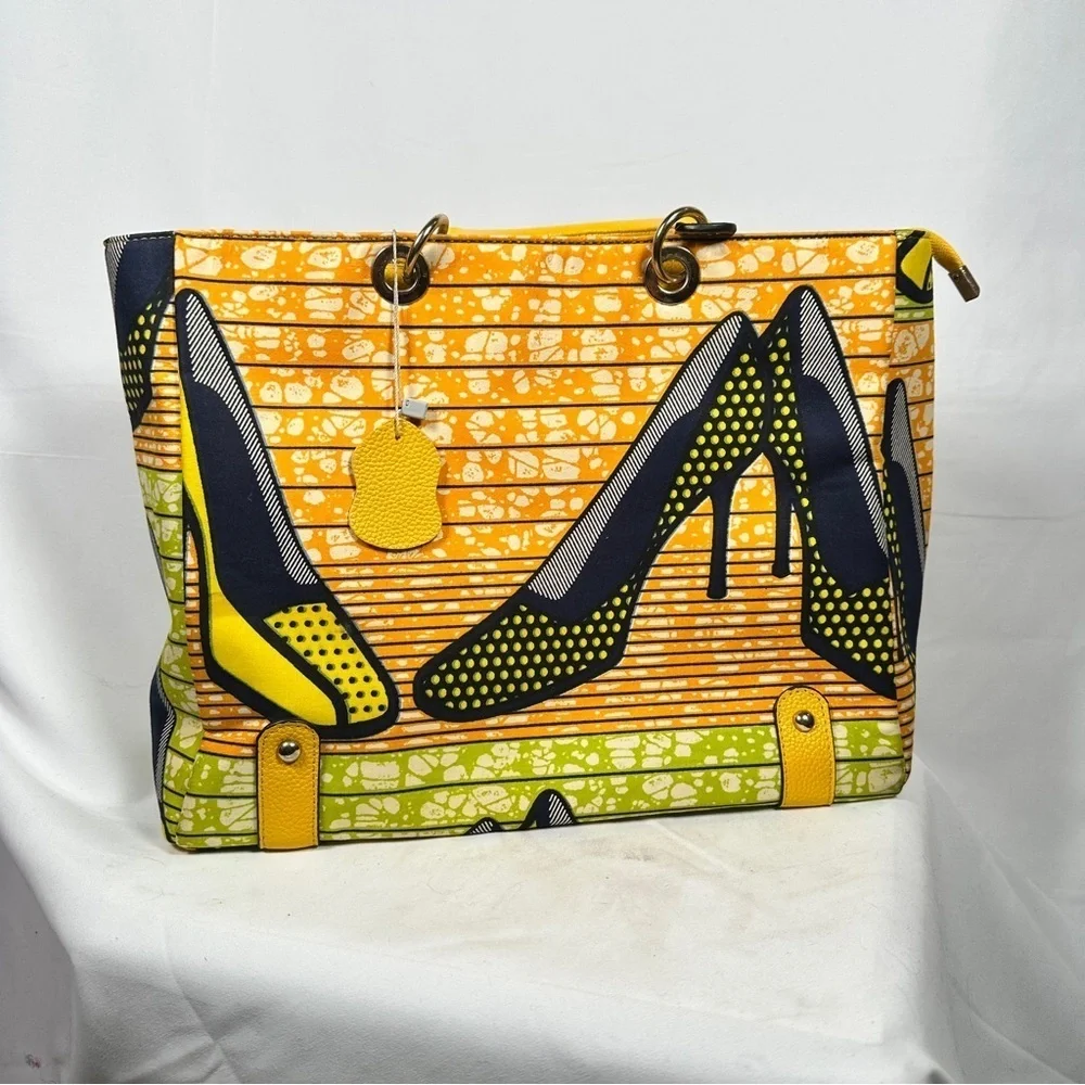 Halo & Way Ankara Wax Print Leather Tote Yellow Green Heels Bag Boho Retro Y2K